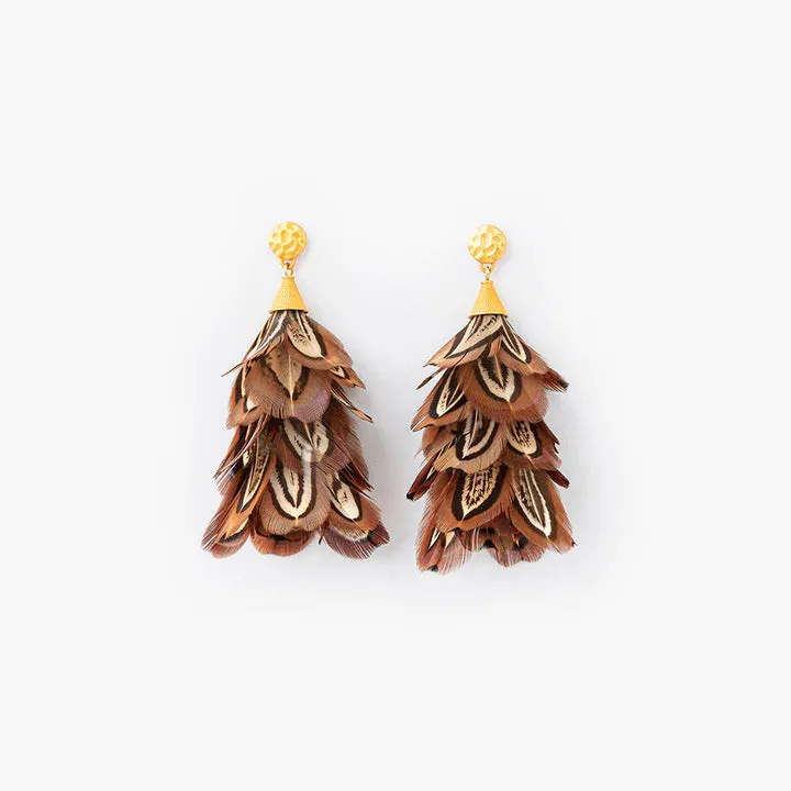 Brackish - Marjan Statement Earring - Almond Brown Pheasant Feathers