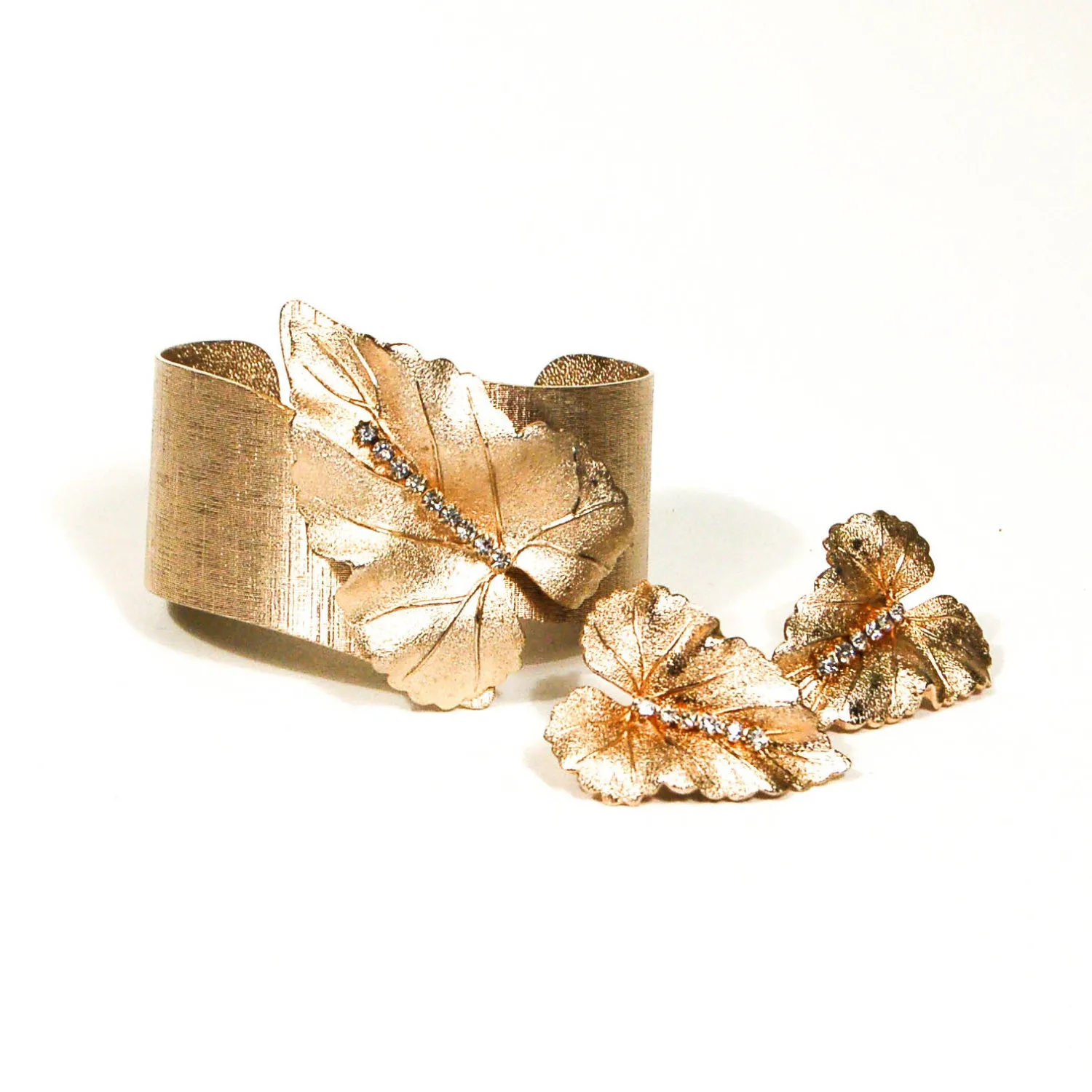 Brushed Gold Tone Leaf Bracelet and Earrings Set by Judy Lee