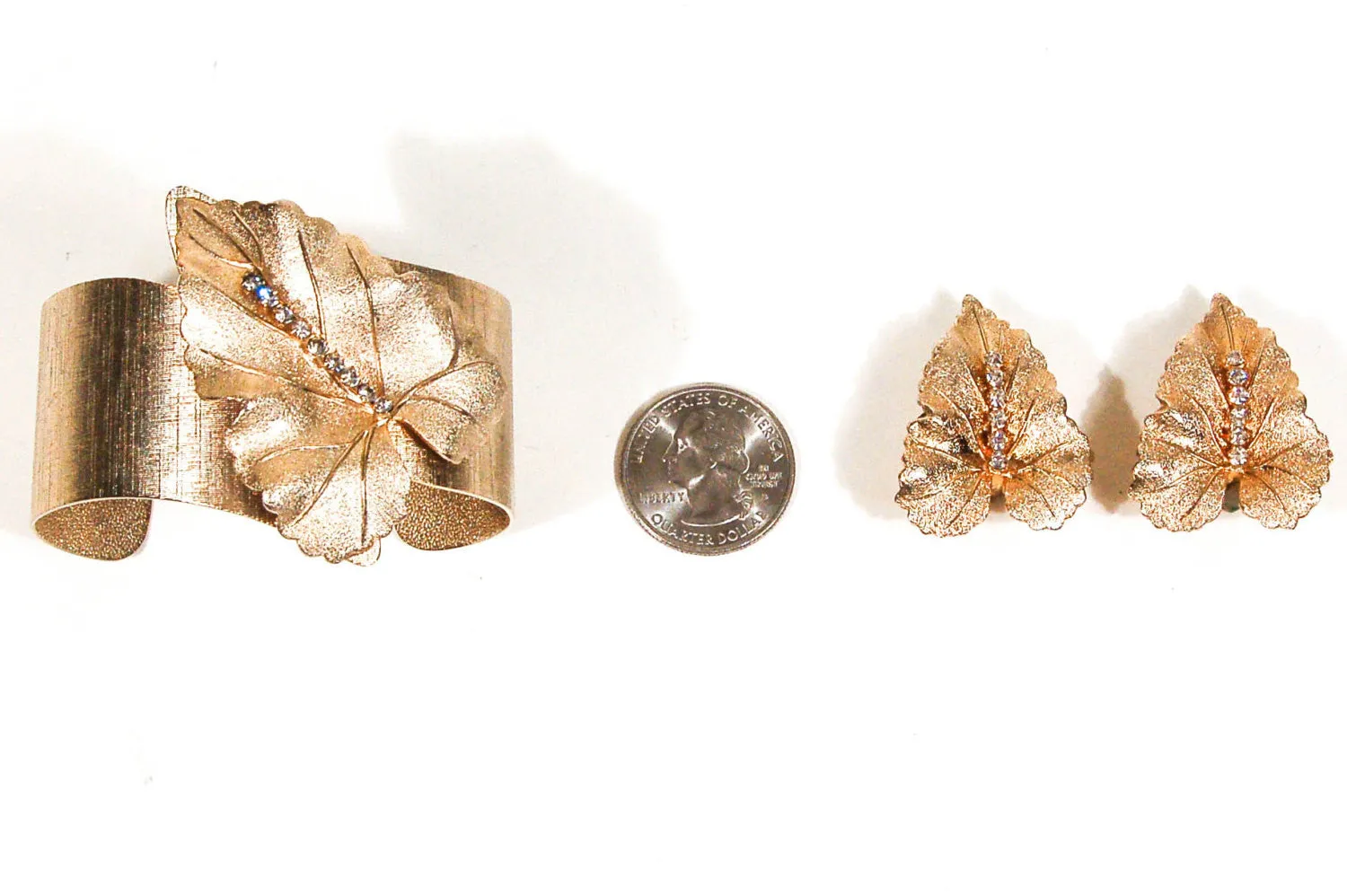 Brushed Gold Tone Leaf Bracelet and Earrings Set by Judy Lee