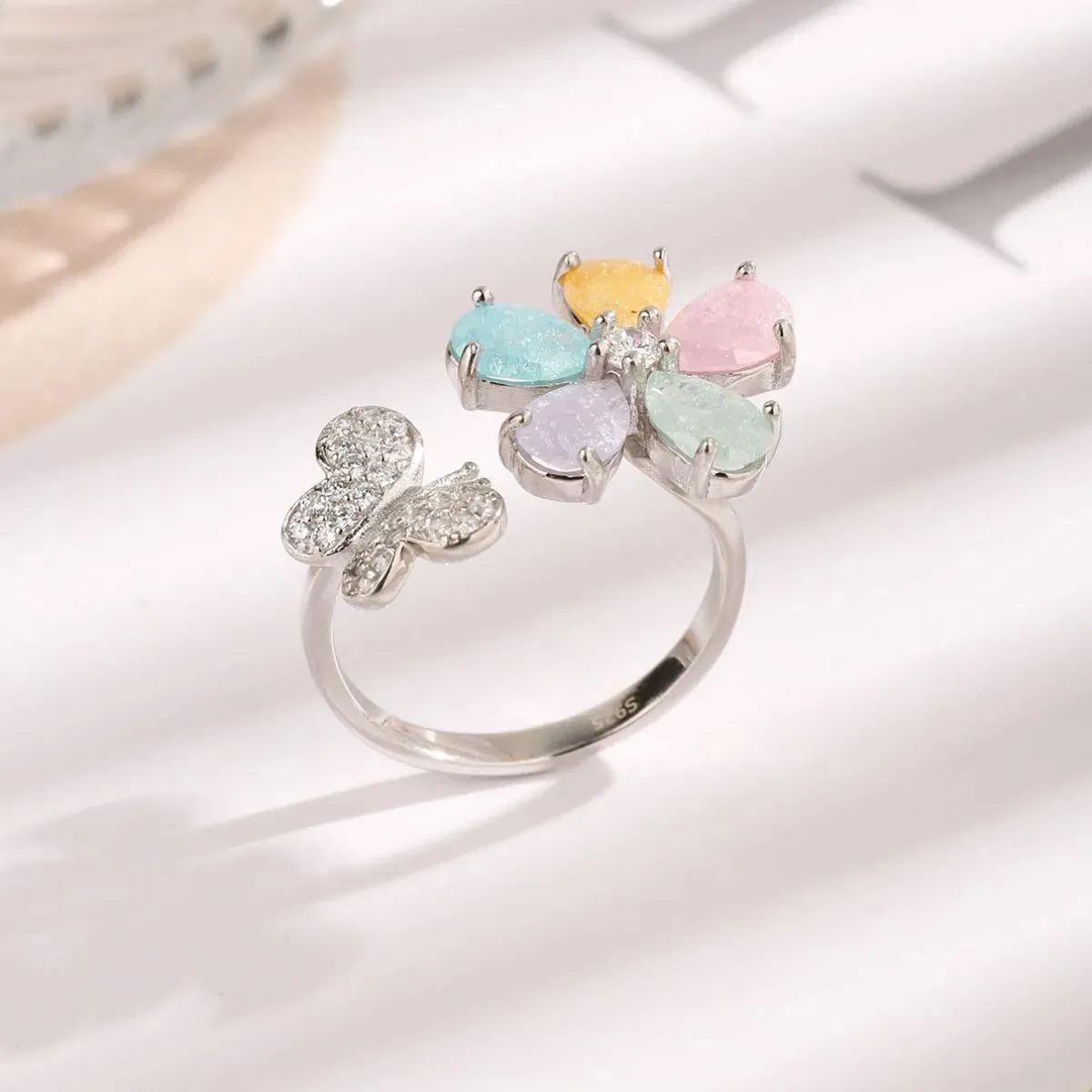 Butterfly & Flower Adjustable Ring - Platinum-Plated Whimsy