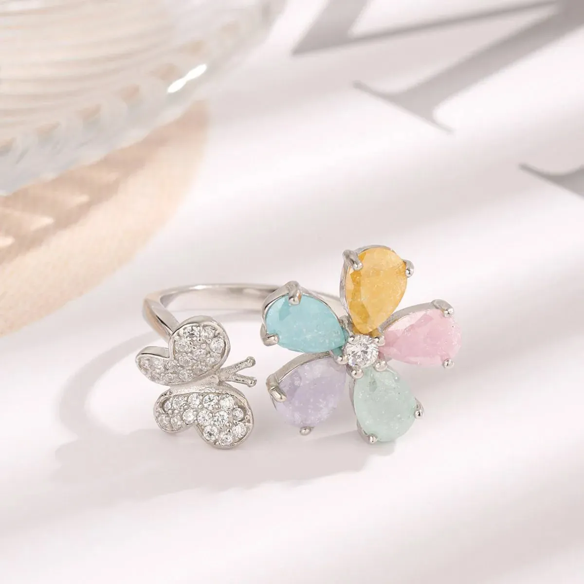 Butterfly & Flower Adjustable Ring - Platinum-Plated Whimsy