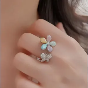 Butterfly & Flower Adjustable Ring - Platinum-Plated Whimsy