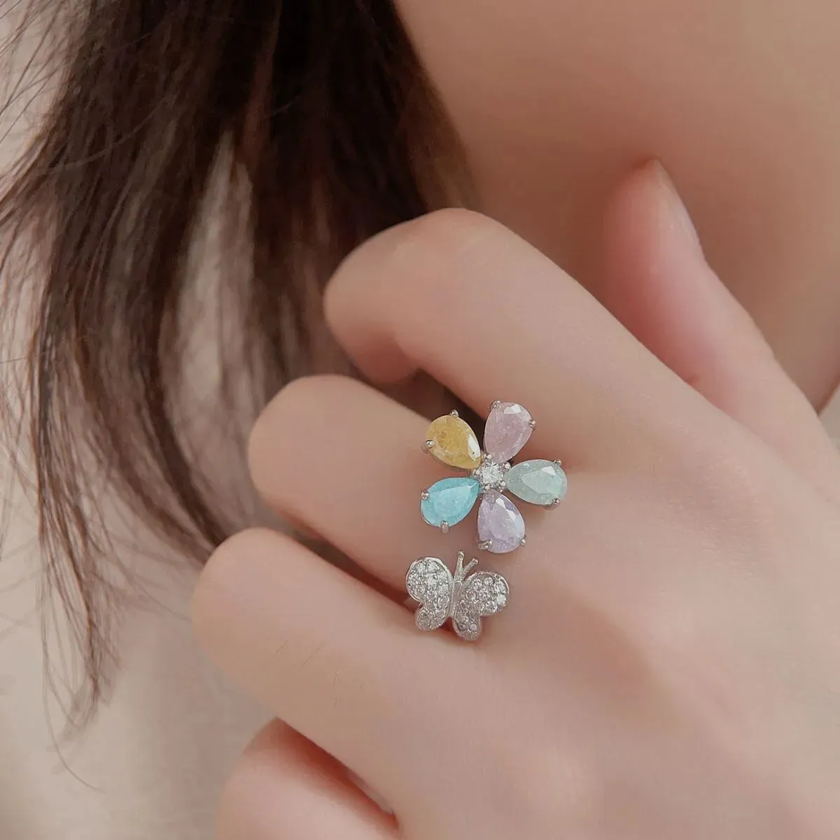 Butterfly & Flower Adjustable Ring - Platinum-Plated Whimsy
