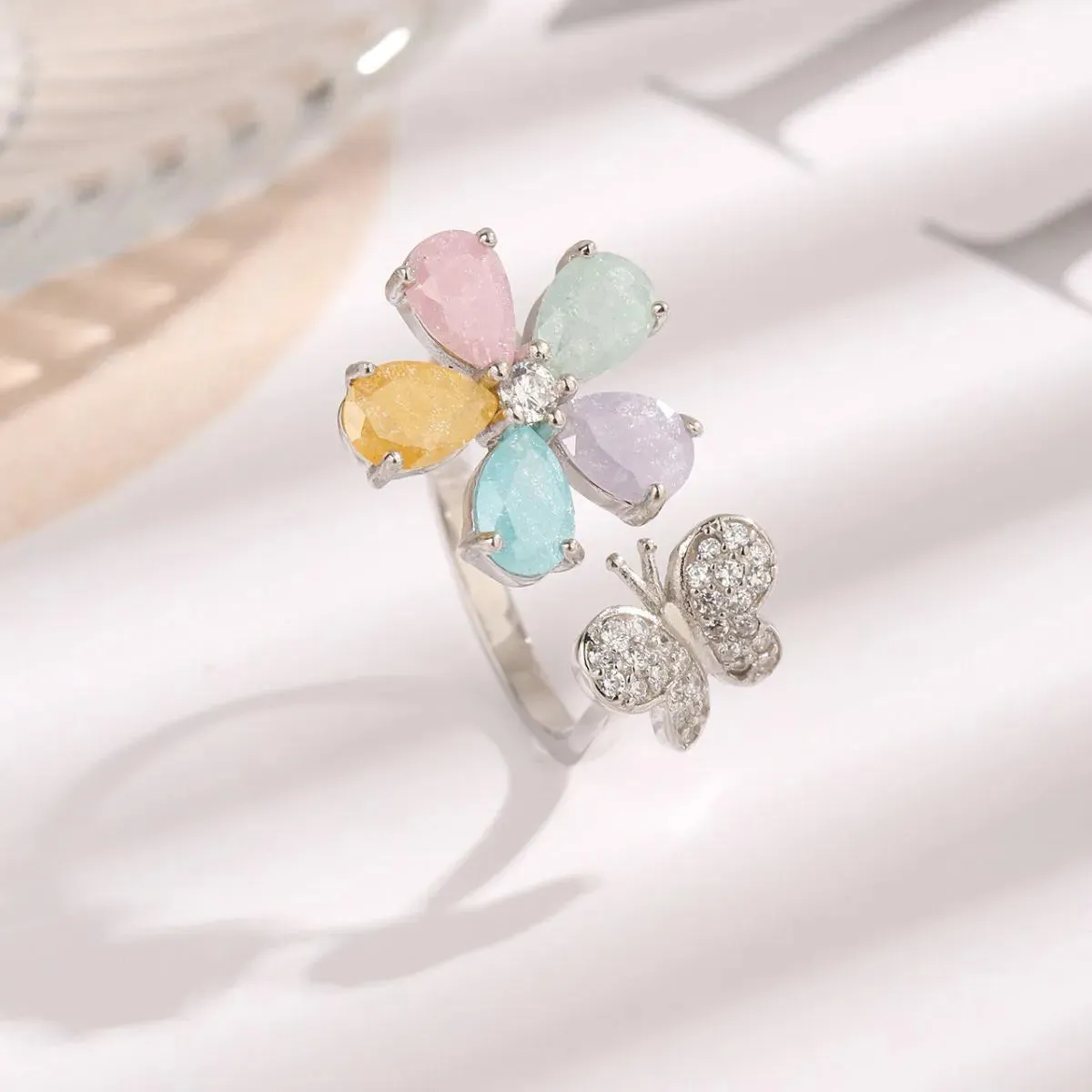 Butterfly & Flower Adjustable Ring - Platinum-Plated Whimsy