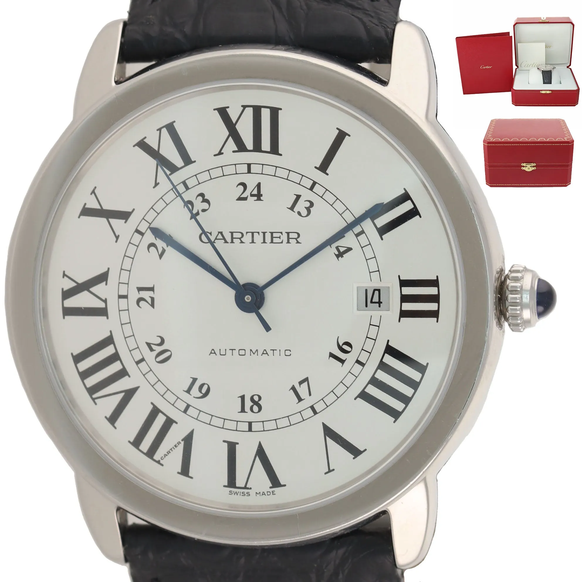 Cartier Ronde Solo Steel 3517 42mm XL Automatic Date Silver Roman Watch Papers