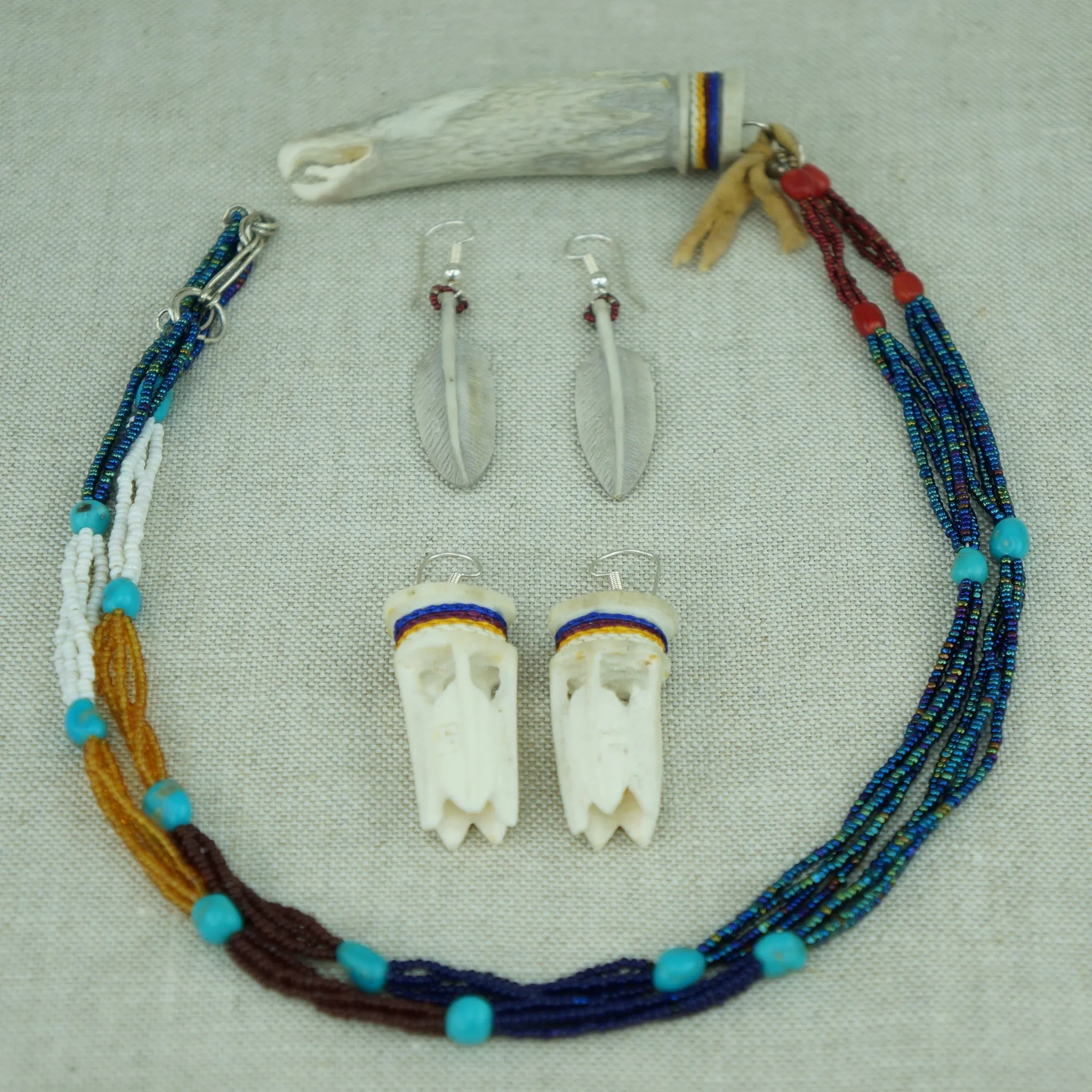 Carved Antler Eagle Fetish with Quills and Beaded Necklace
