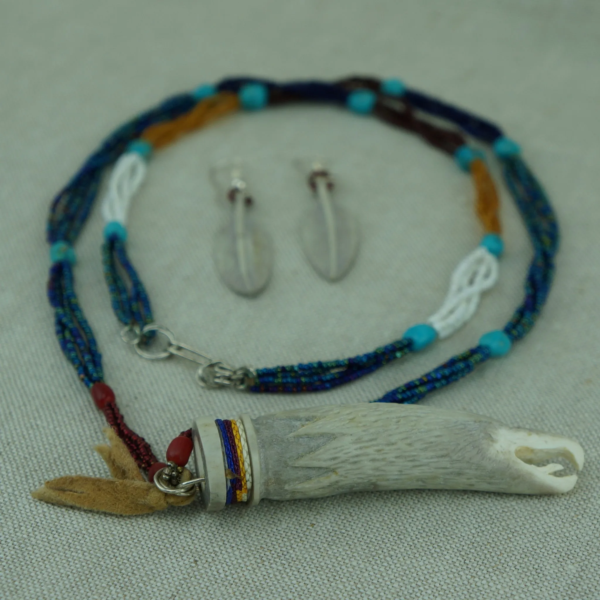 Carved Antler Eagle Fetish with Quills and Beaded Necklace