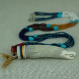 Carved Antler Eagle Fetish with Quills and Beaded Necklace