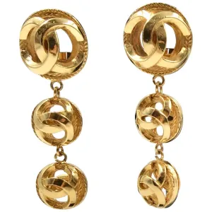 Chanel Gold Tone CC Logo Drop Clip On Earrings