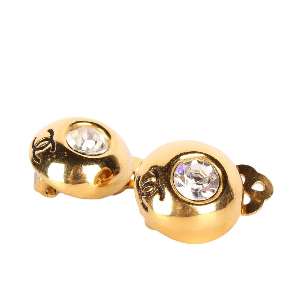 Chanel Rhinestone Clip Gold Earrings