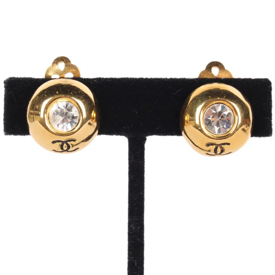 Chanel Rhinestone Clip Gold Earrings