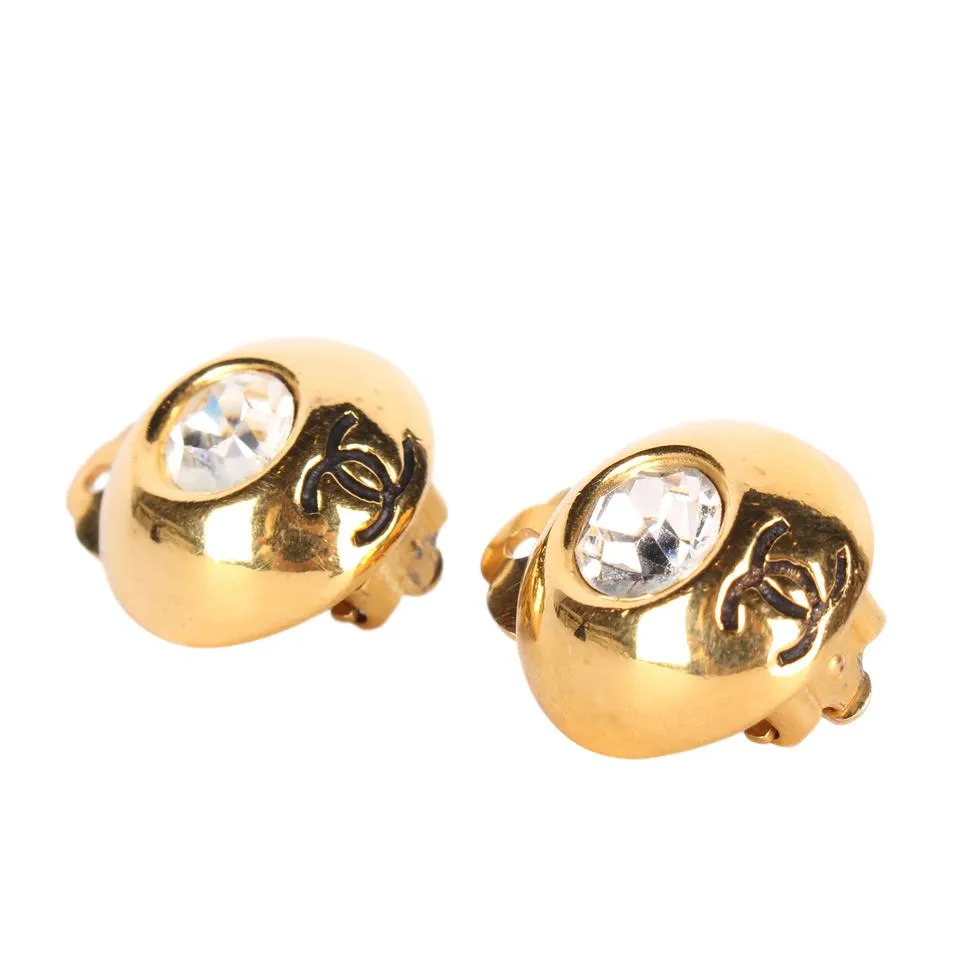Chanel Rhinestone Clip Gold Earrings