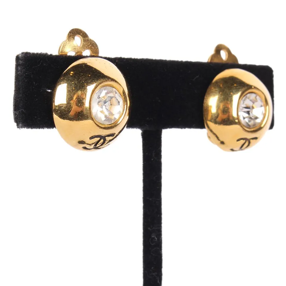 Chanel Rhinestone Clip Gold Earrings