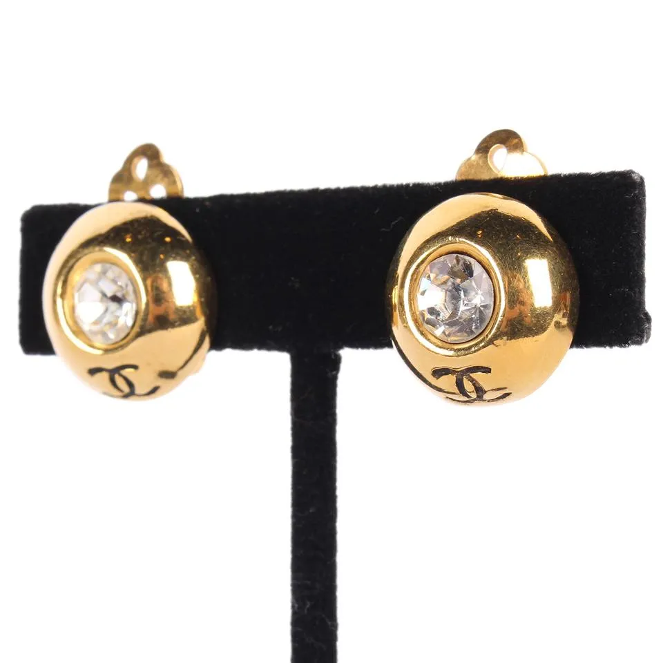 Chanel Rhinestone Clip Gold Earrings
