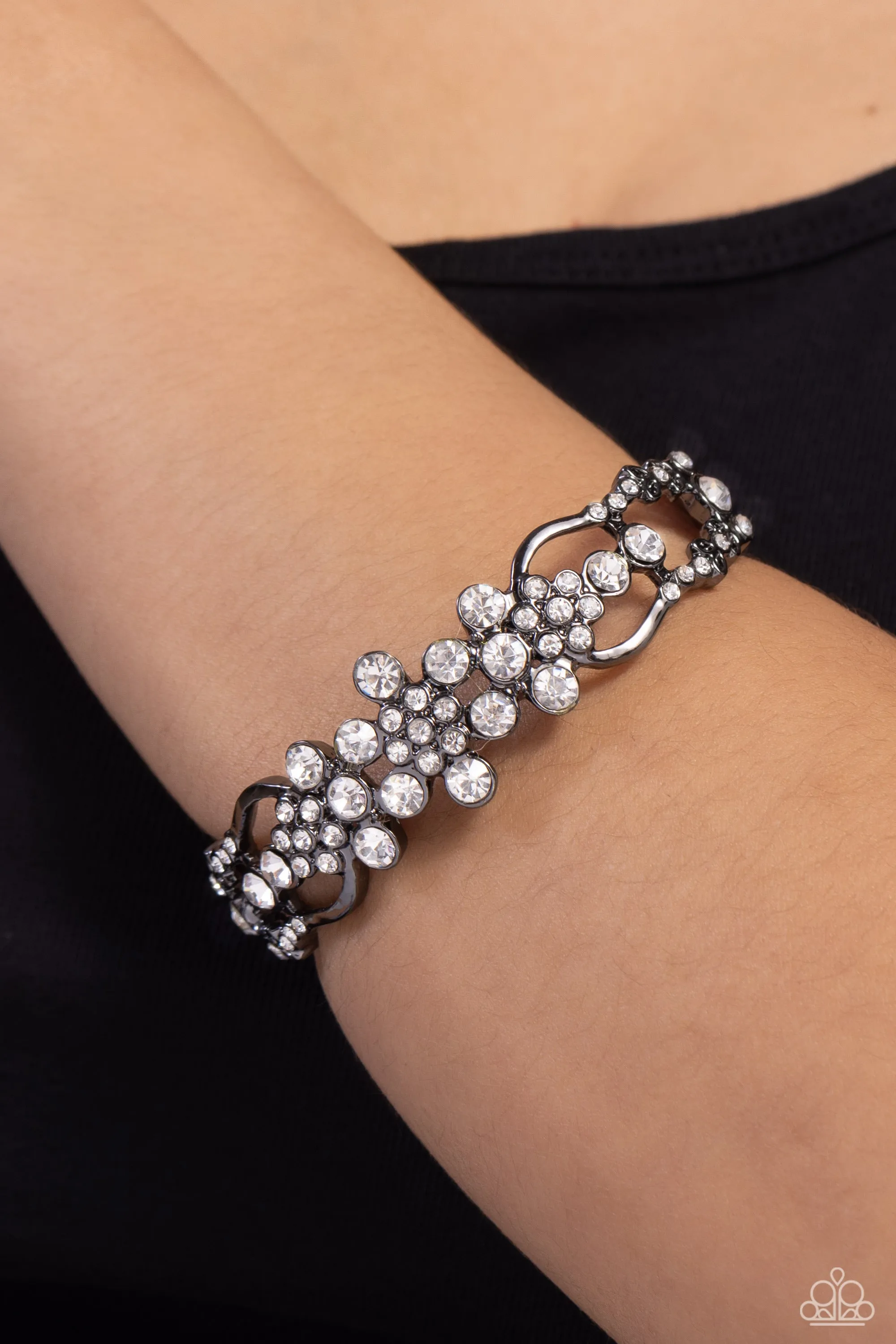 Cheers to the Future Mrs. - Black - White Rhinestone Flower Gunmetal Paparazzi Hinge Bracelet