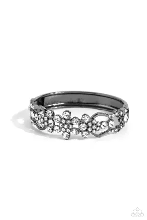 Cheers to the Future Mrs. - Black - White Rhinestone Flower Gunmetal Paparazzi Hinge Bracelet