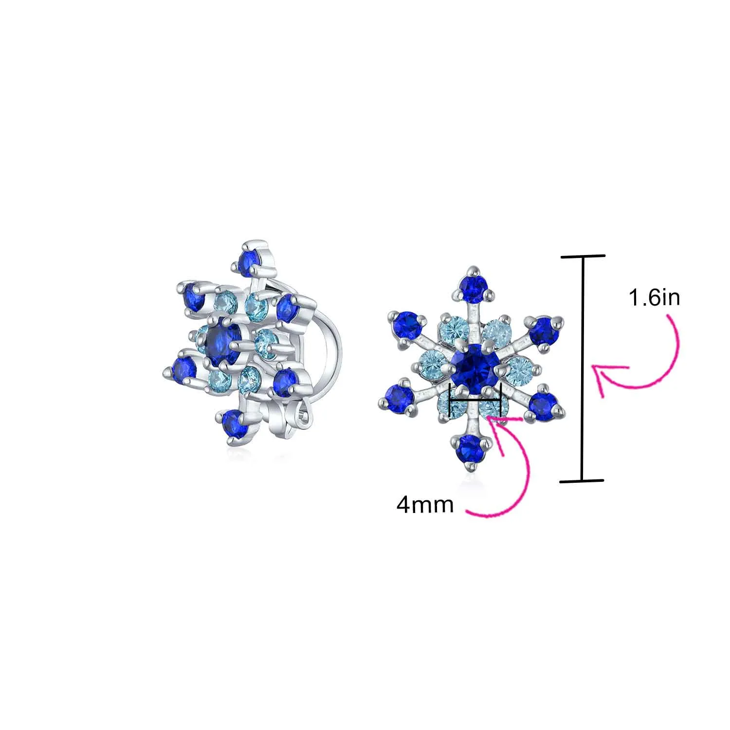 Christmas Party CZ Aqua Star Snowflake Clip-On Earrings Silver Plated