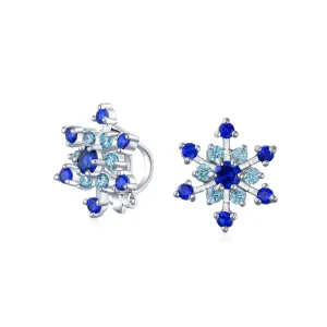 Christmas Party CZ Aqua Star Snowflake Clip-On Earrings Silver Plated