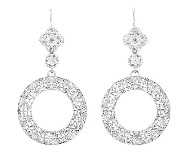 Circle of Love Art Deco Sterling Silver Drop Dangle Filigree Earrings