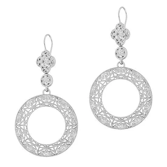 Circle of Love Art Deco Sterling Silver Drop Dangle Filigree Earrings