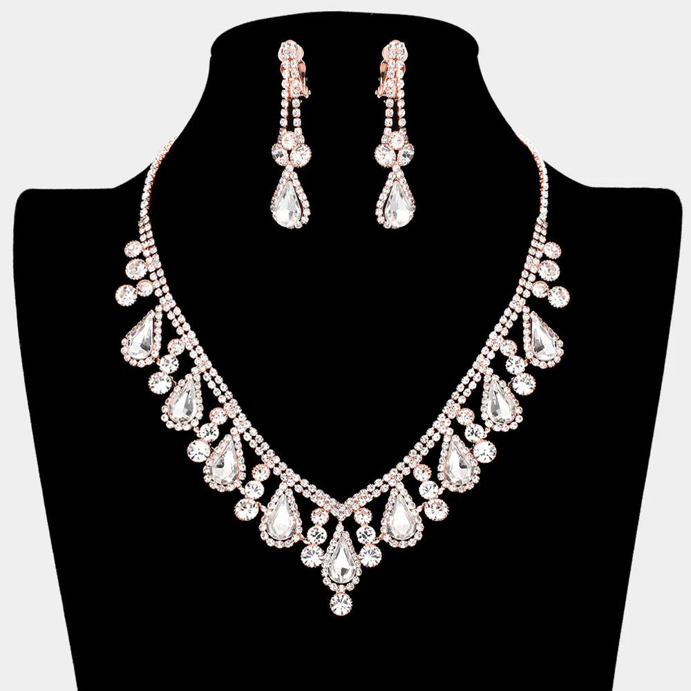 Clear Teardrop and Rhinestone Necklace with Clip On Earrings on Rose Gold | Prom Jewelry |  418993