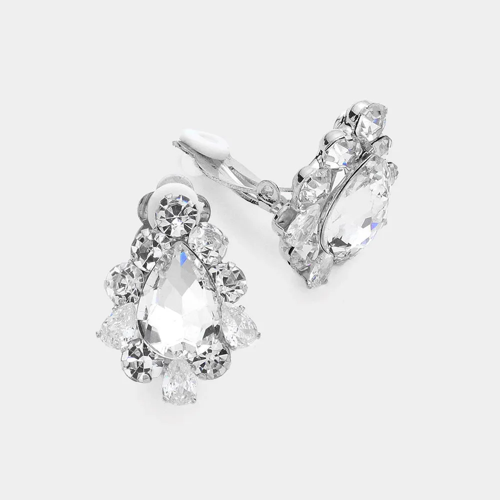 Clear Teardrop Stone Surrounded by Crystal Bubble Stone Clip On Earrings  | Interview Earrings |  532575