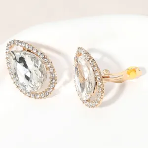 Clear Teardrop Stone with Clear Rhinestone Trim Clip On Pageant Earrings on Gold  |  653255