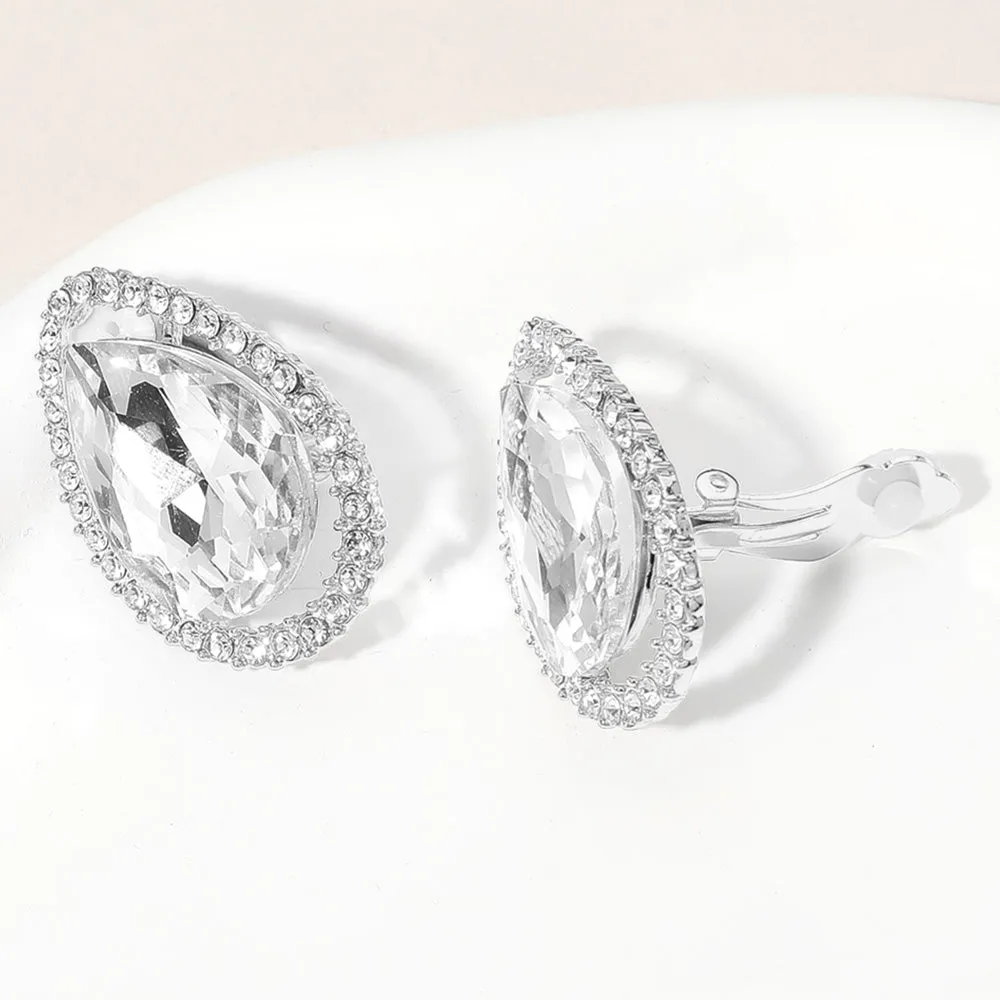 Clear Teardrop Stone with Clear Rhinestone Trim Clip On Pageant Earrings on Silver | 653266