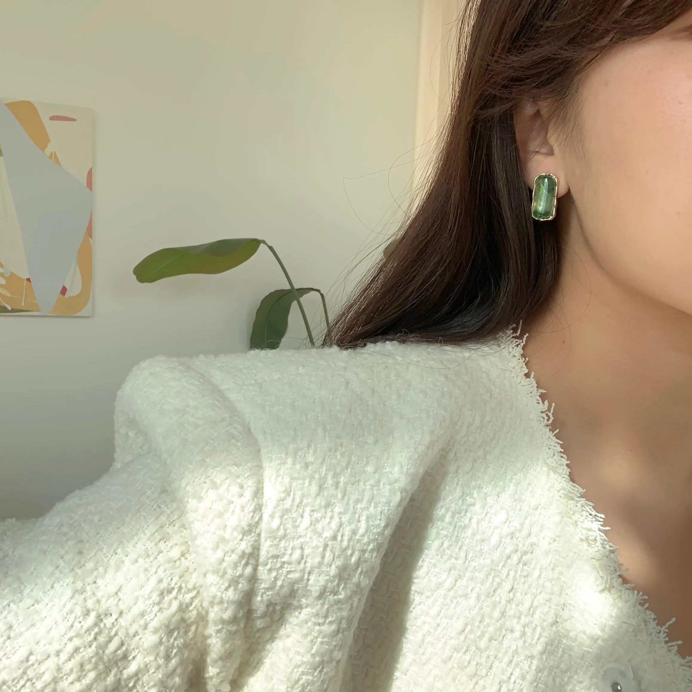 [Clip on] Charlotte's Big Stone Retro Style Gold Rim earrings