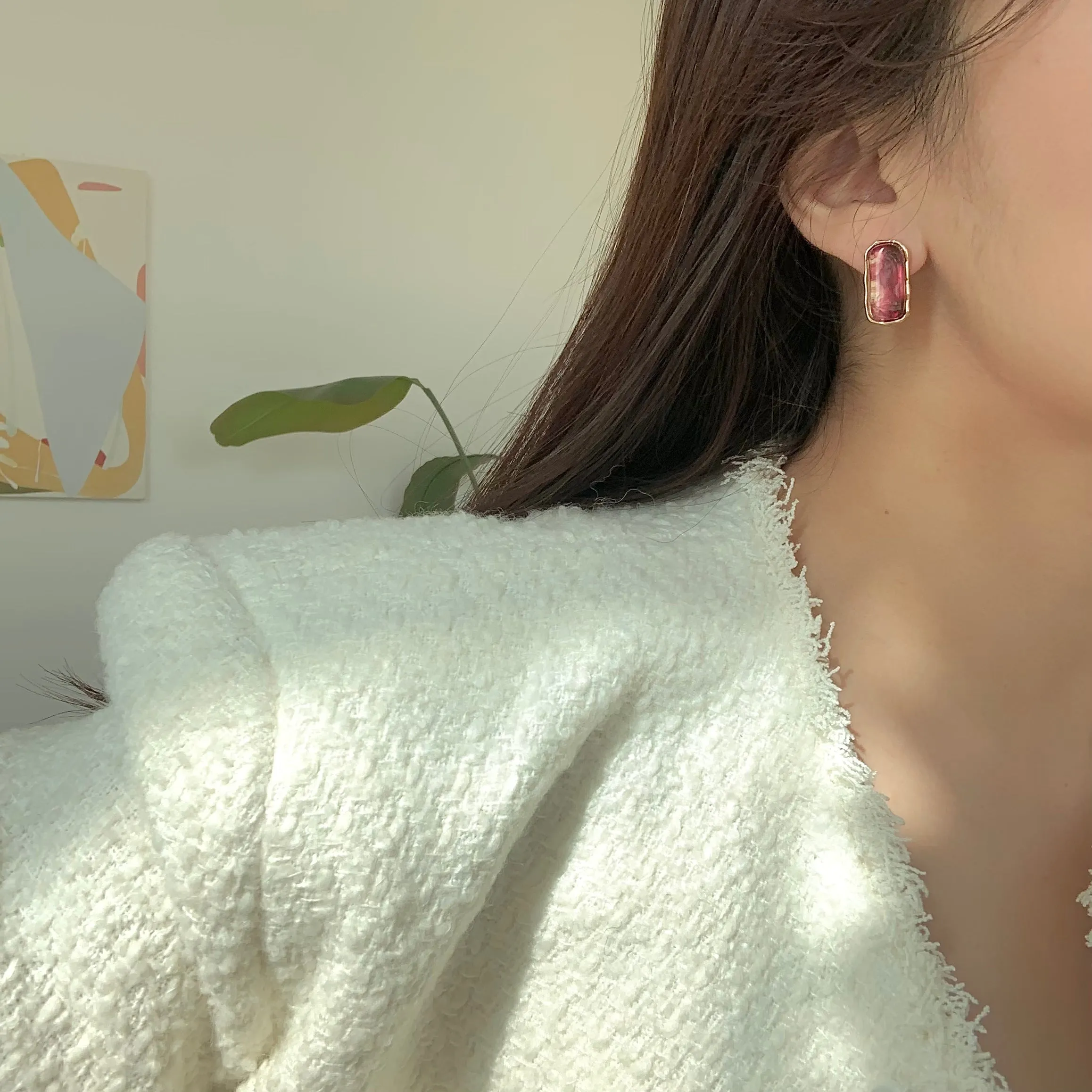 [Clip on] Charlotte's Big Stone Retro Style Gold Rim earrings