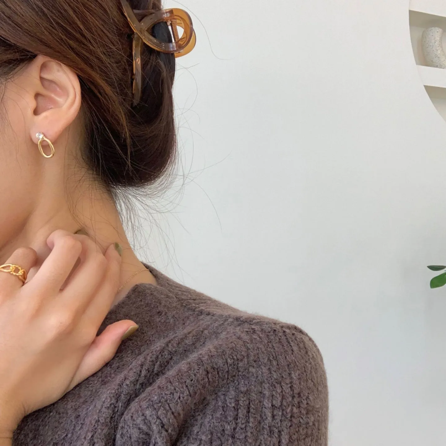 [Clip on] Cubic and Gold Silver Oval Stud Clip on Earrings