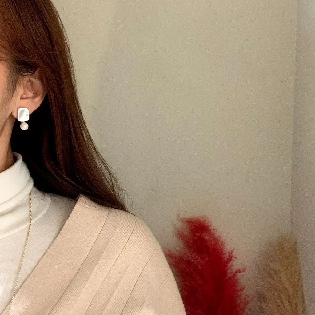 [Clip on] Square and Pearl Drop earrings