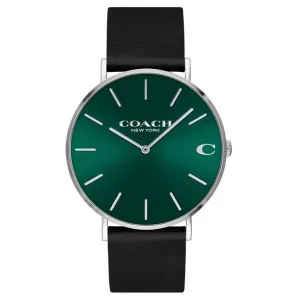 Coach Charles Black Leather Strap Green Dial Quartz Watch for Gents - 14602436