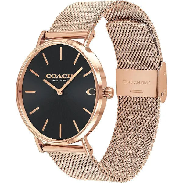 Coach Charles Rose Gold Mesh Bracelet Black Dial Quartz Watch for Gents - 14602552