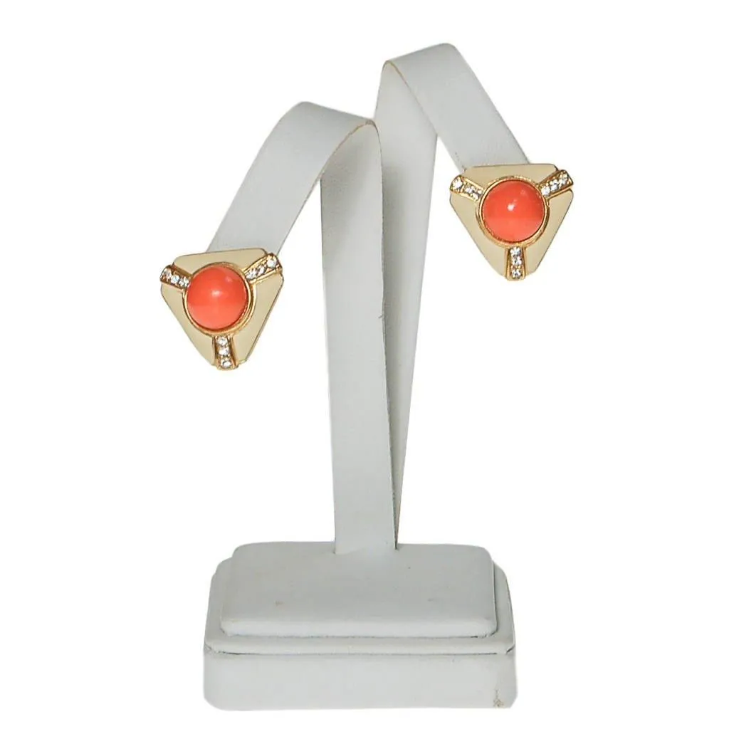 Coral Cabochon, Cream Enamel, Rhinestone Earrings