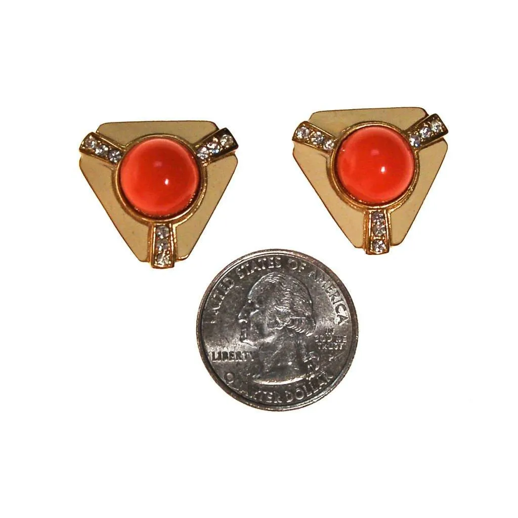 Coral Cabochon, Cream Enamel, Rhinestone Earrings