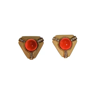 Coral Cabochon, Cream Enamel, Rhinestone Earrings