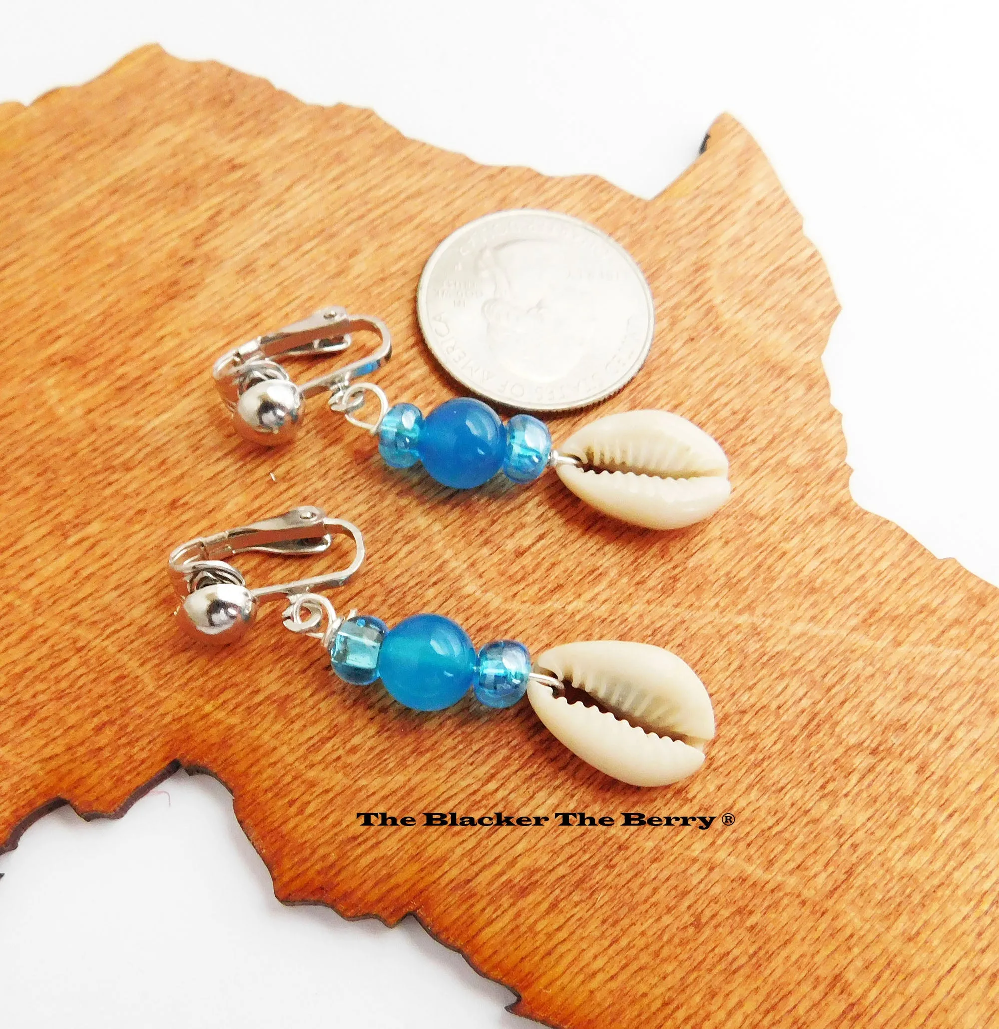 Cowrie Shell Beaded Clip On Blue Non Pierced Earrings