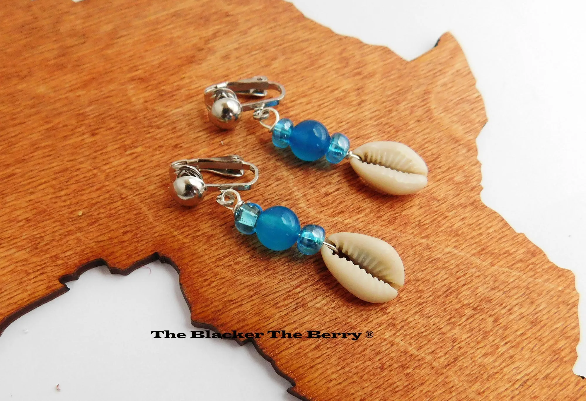 Cowrie Shell Beaded Clip On Blue Non Pierced Earrings
