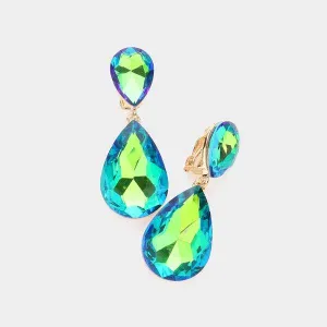Crystal Green Double Teardrop Clip-on Gold Earrings