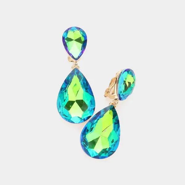 Crystal Green Double Teardrop Clip-on Gold Earrings