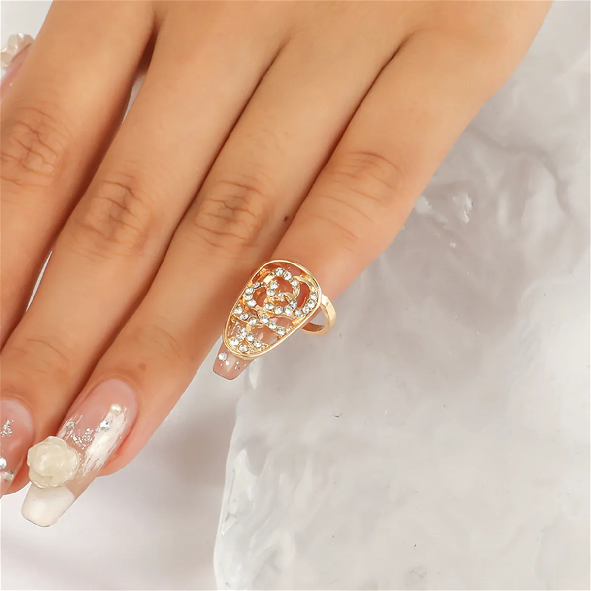 Cubic Zirconia & 18K Gold-Plated Flower Adjustable Midi Ring