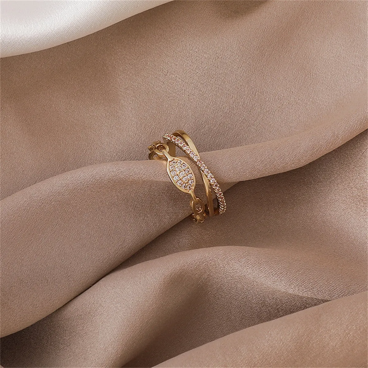 Cubic Zirconia & 18K Gold-Plated Layered Chain Adjustable Ring