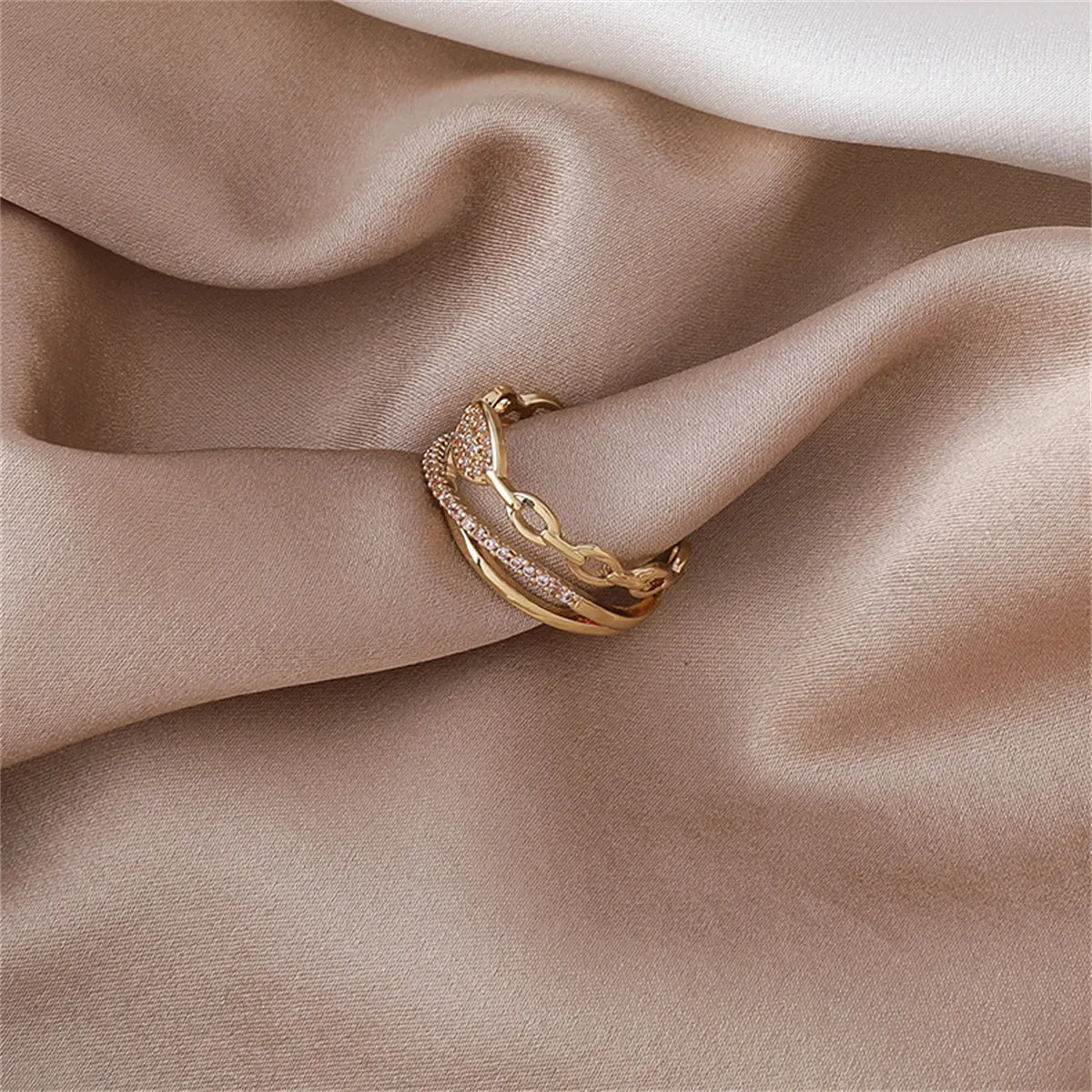 Cubic Zirconia & 18K Gold-Plated Layered Chain Adjustable Ring