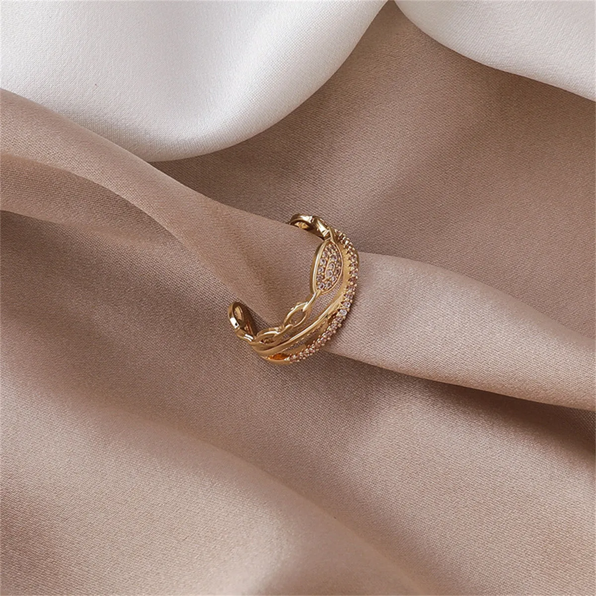 Cubic Zirconia & 18K Gold-Plated Layered Chain Adjustable Ring