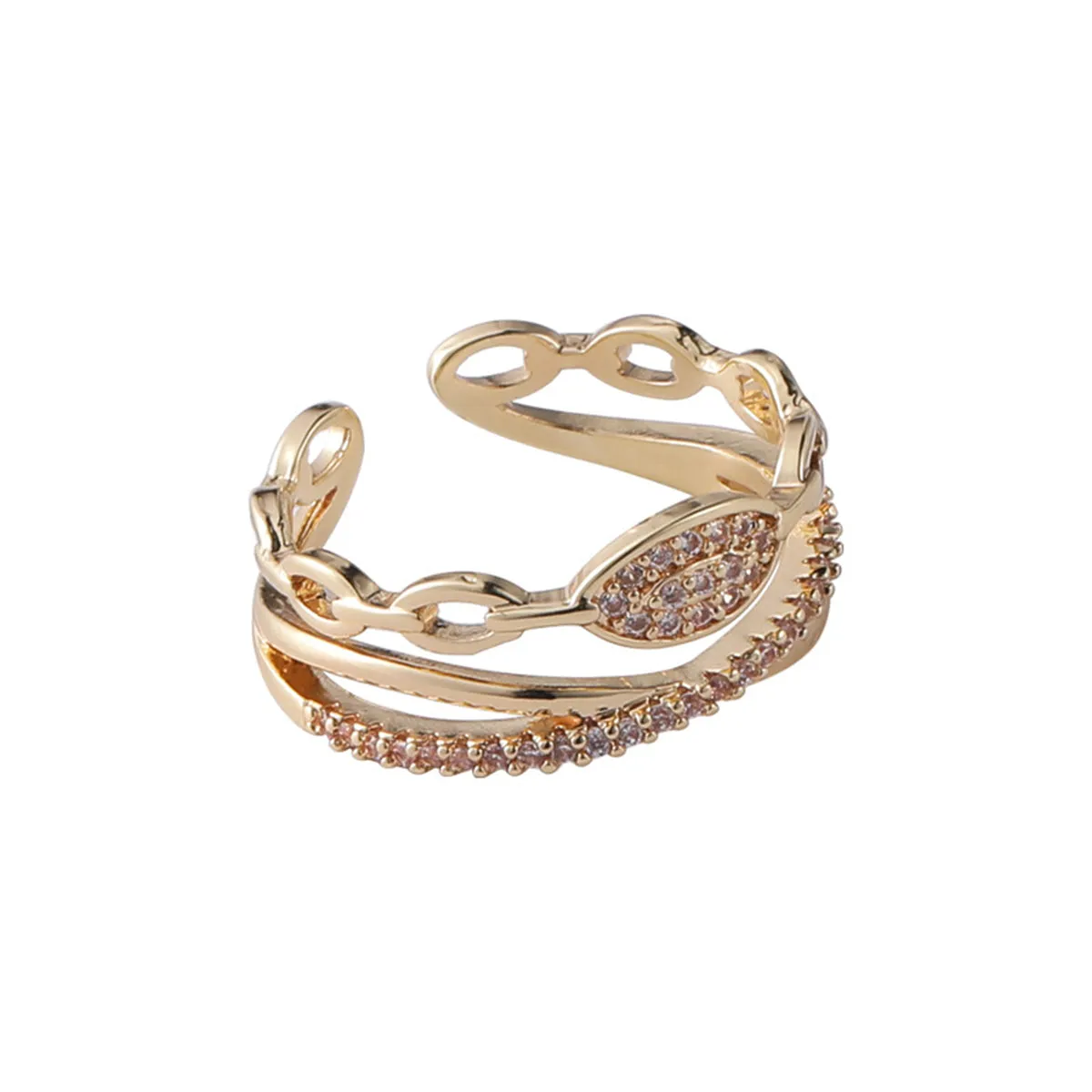 Cubic Zirconia & 18K Gold-Plated Layered Chain Adjustable Ring