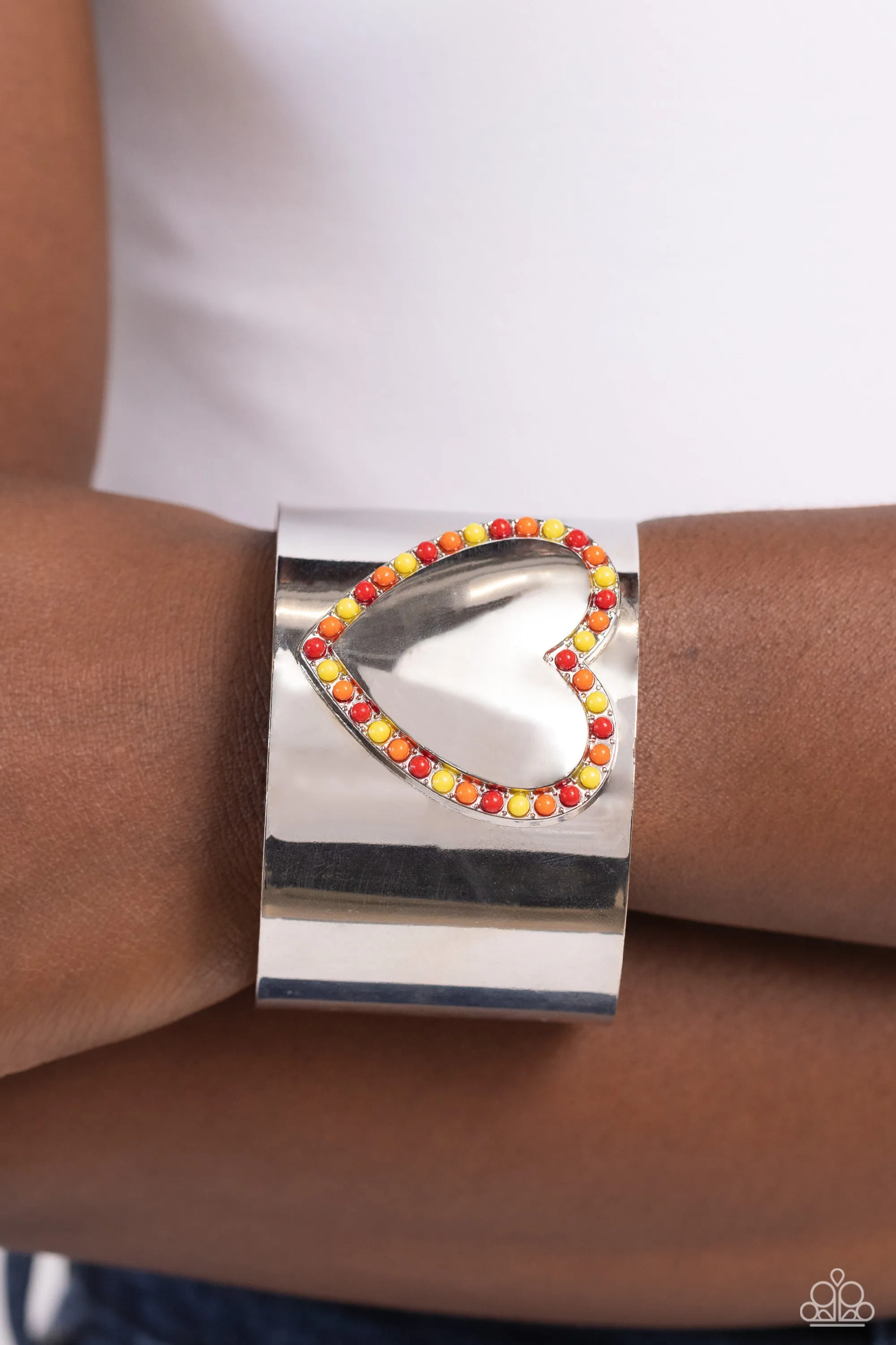 Cuffing Season - Red - Orange, and Yellow Bead Heart Paparazzi Cuff Bracelet