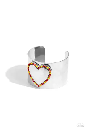 Cuffing Season - Red - Orange, and Yellow Bead Heart Paparazzi Cuff Bracelet