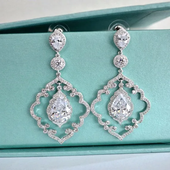 CZ Art Deco Chandelier Earrings, Cubic Zirconia Crystal Earrings, Dangle Drop Bridal Earrings, Wedding Jewelry, Vintage Wedding Earrings
