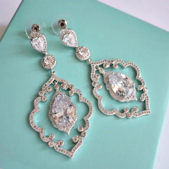 CZ Art Deco Chandelier Earrings, Cubic Zirconia Crystal Earrings, Dangle Drop Bridal Earrings, Wedding Jewelry, Vintage Wedding Earrings